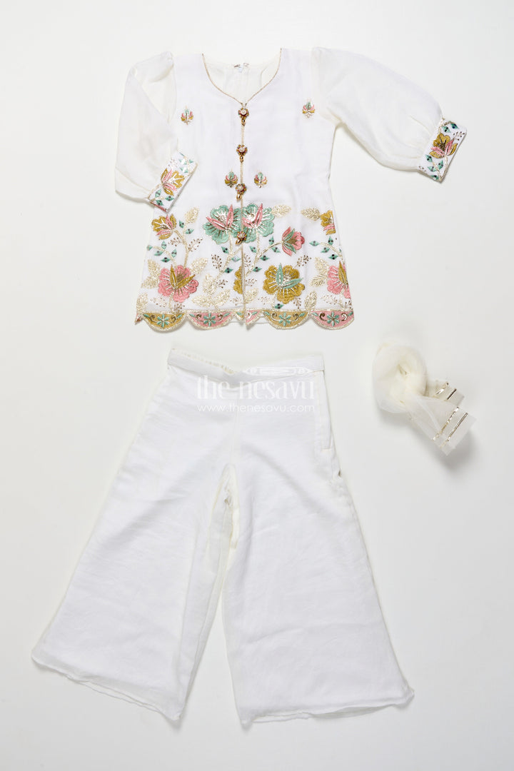 The Nesavu Girls Casual Set Girls Embroidered Organza Casual Set for Festivals and Poojas Nesavu Nesavu girls cream embroidered organza kurti set festive poojas traditional wear