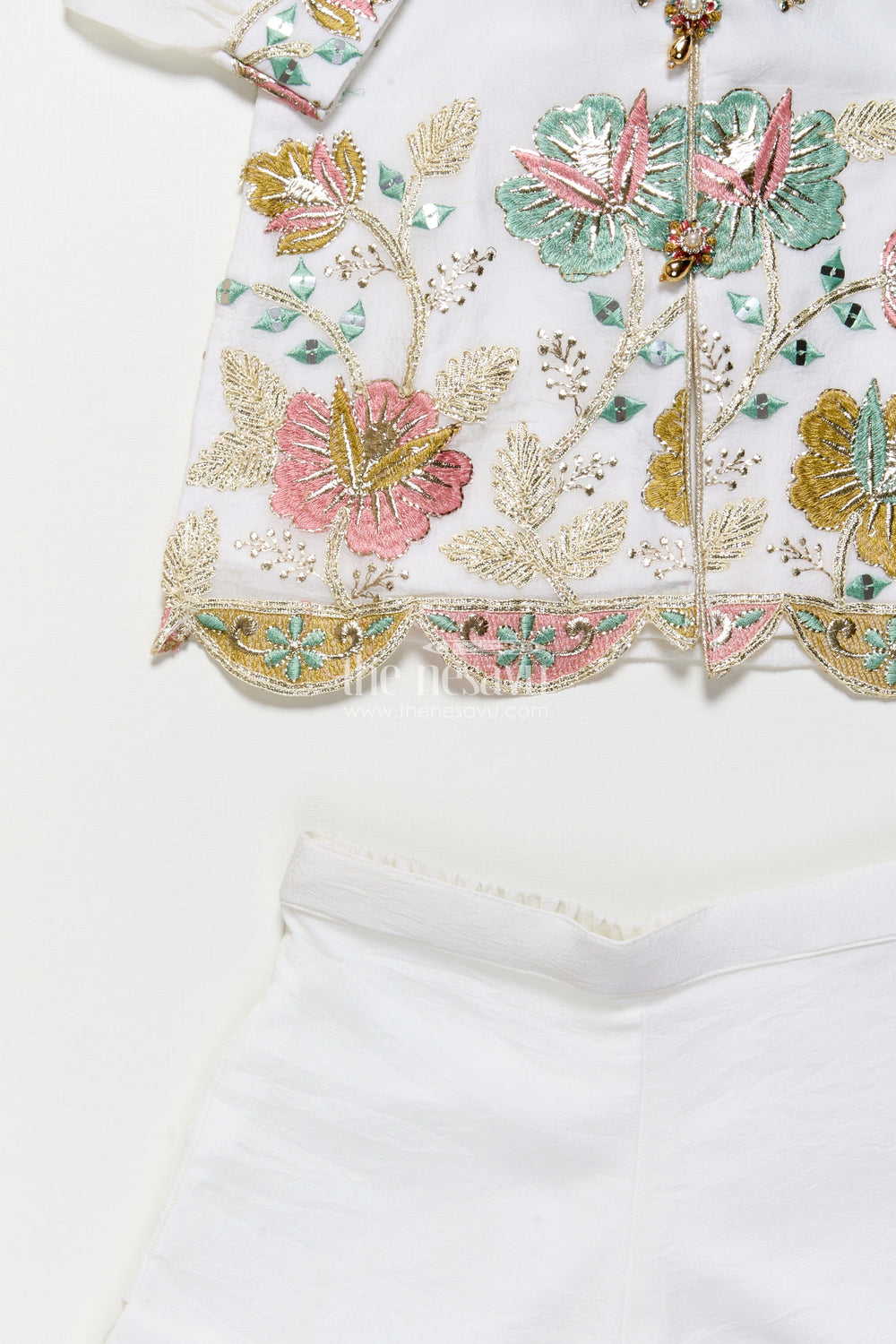 The Nesavu Girls Casual Set Girls Embroidered Organza Casual Set for Festivals and Poojas Nesavu Nesavu girls cream embroidered organza kurti set festive poojas traditional wear