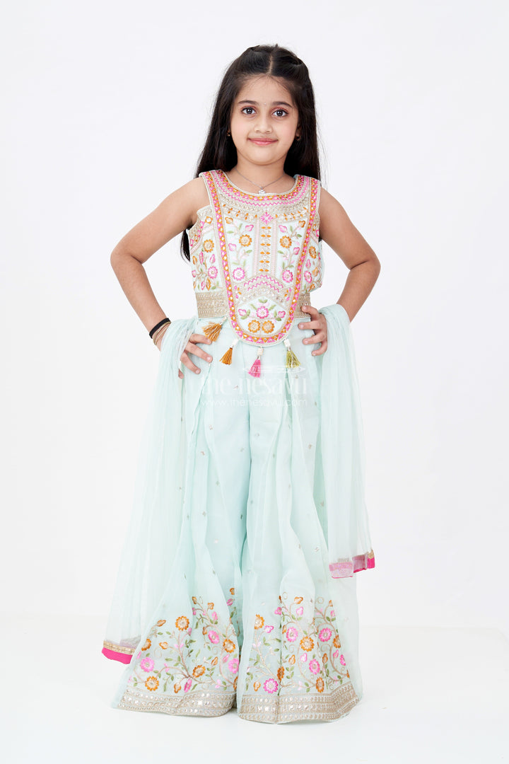 The Nesavu Girls Sharara / Plazo Set Girls Embroidered Plazo Crop Top Set in Aqua Blue with Mirror and Threadwork Details Nesavu 18 (2Y) / Turquoise GPS510B-18 Nesavu Girls Aqua Blue Embroidered Plazo Crop Top Set Matching Dupatta
