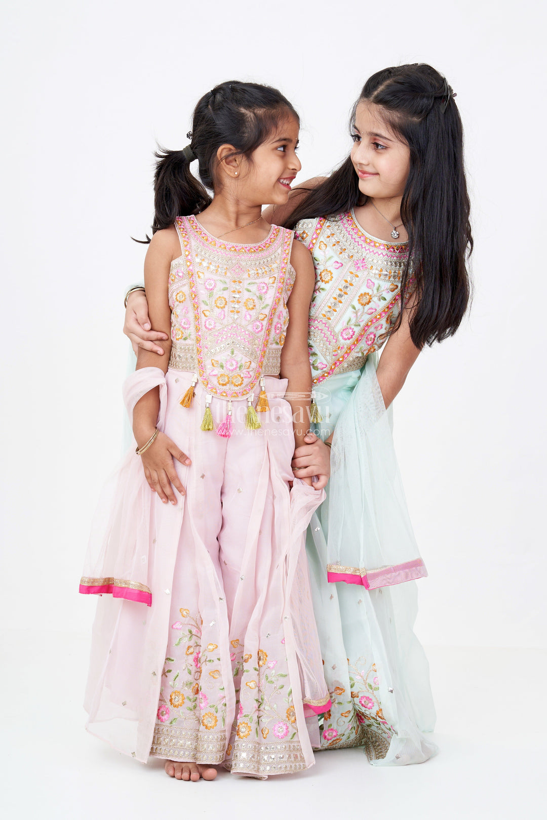 The Nesavu Girls Sharara / Plazo Set Girls Embroidered Plazo Crop Top Set in Aqua Blue with Mirror and Threadwork Details Nesavu Nesavu Girls Aqua Blue Embroidered Plazo Crop Top Set Matching Dupatta