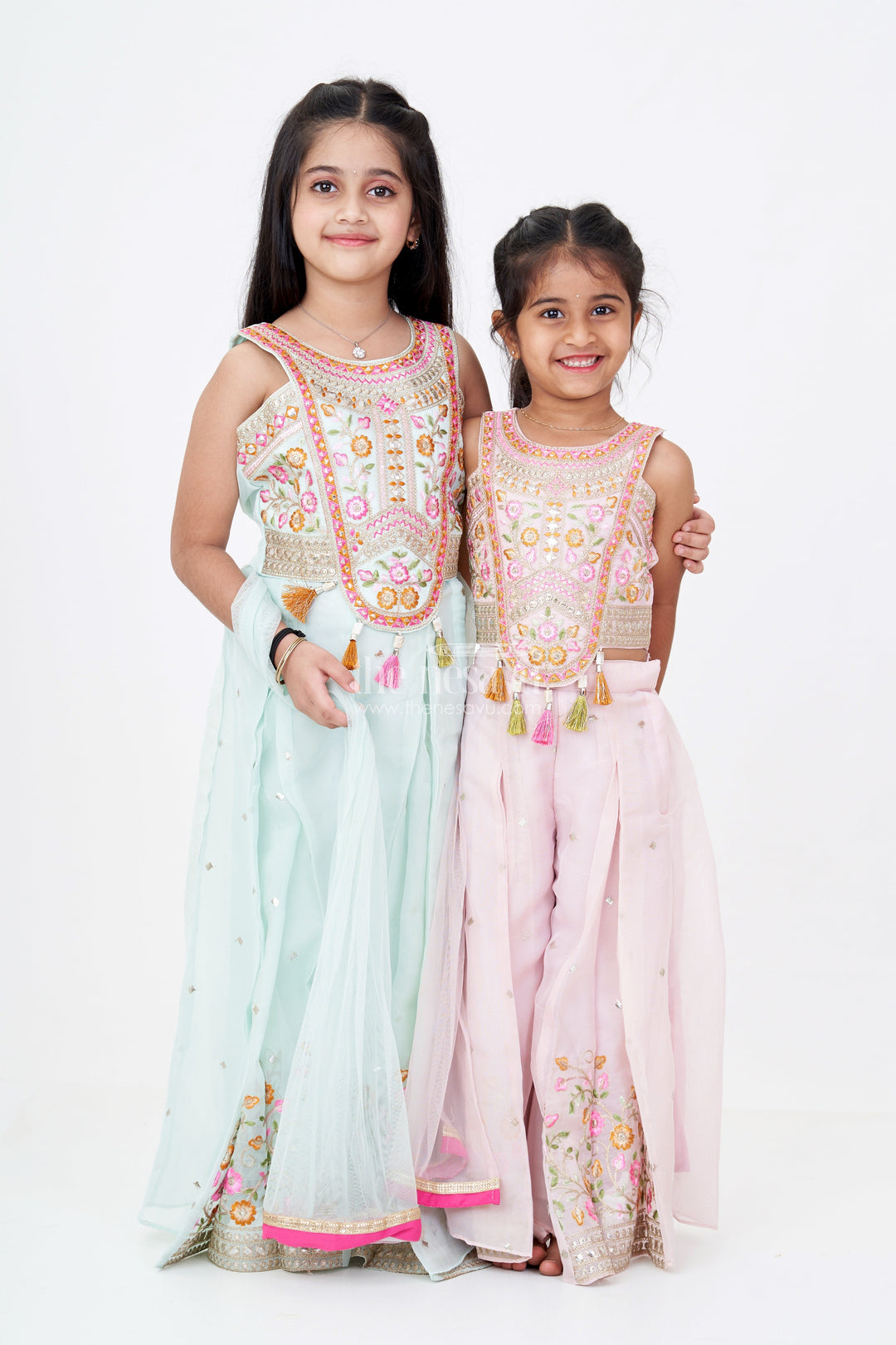 The Nesavu Girls Sharara / Plazo Set Girls Embroidered Plazo Crop Top Set in Aqua Blue with Mirror and Threadwork Details Nesavu Nesavu Girls Aqua Blue Embroidered Plazo Crop Top Set Matching Dupatta