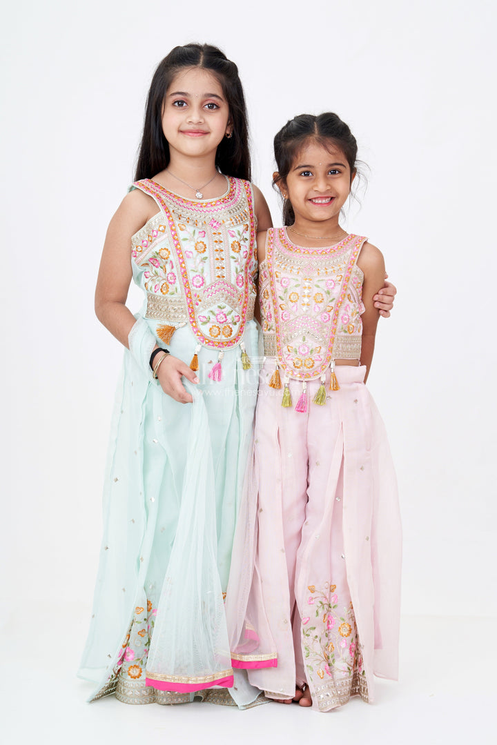 The Nesavu Girls Sharara / Plazo Set Girls Embroidered Plazo Crop Top Set in Aqua Blue with Mirror and Threadwork Details Nesavu Nesavu Girls Aqua Blue Embroidered Plazo Crop Top Set Matching Dupatta