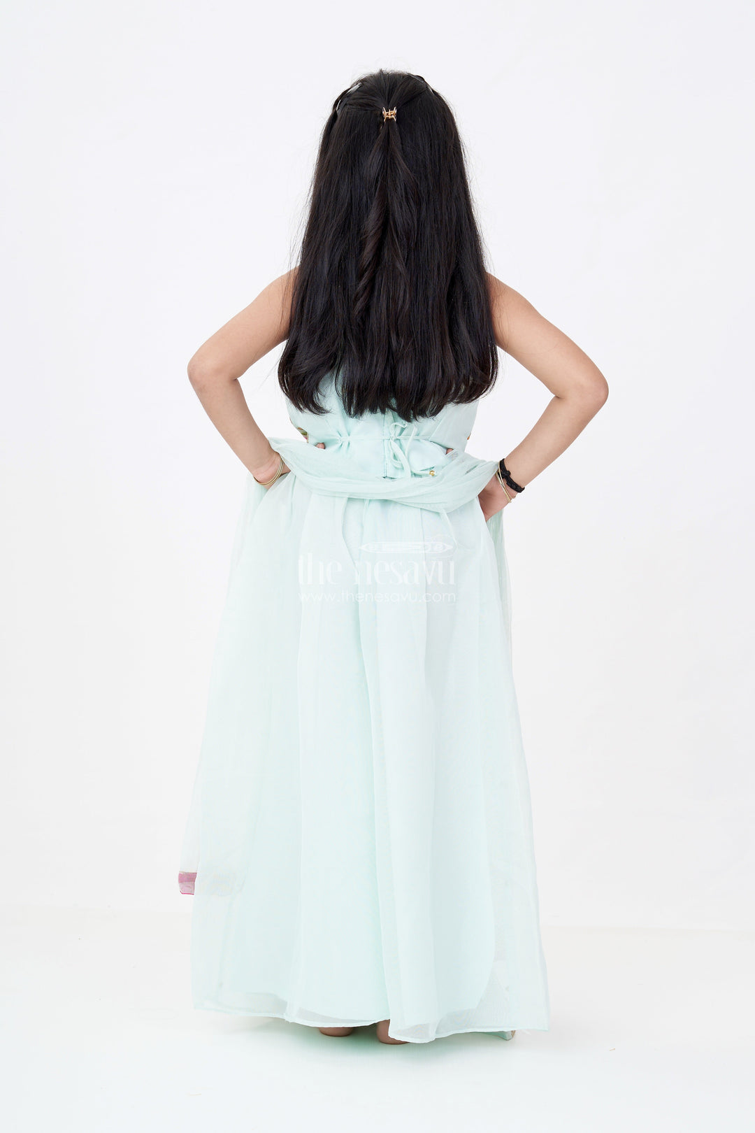 The Nesavu Girls Sharara / Plazo Set Girls Embroidered Plazo Crop Top Set in Aqua Blue with Mirror and Threadwork Details Nesavu Nesavu Girls Aqua Blue Embroidered Plazo Crop Top Set Matching Dupatta