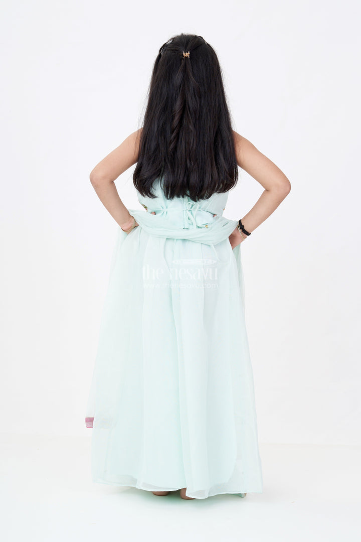 The Nesavu Girls Sharara / Plazo Set Girls Embroidered Plazo Crop Top Set in Aqua Blue with Mirror and Threadwork Details Nesavu Nesavu Girls Aqua Blue Embroidered Plazo Crop Top Set Matching Dupatta