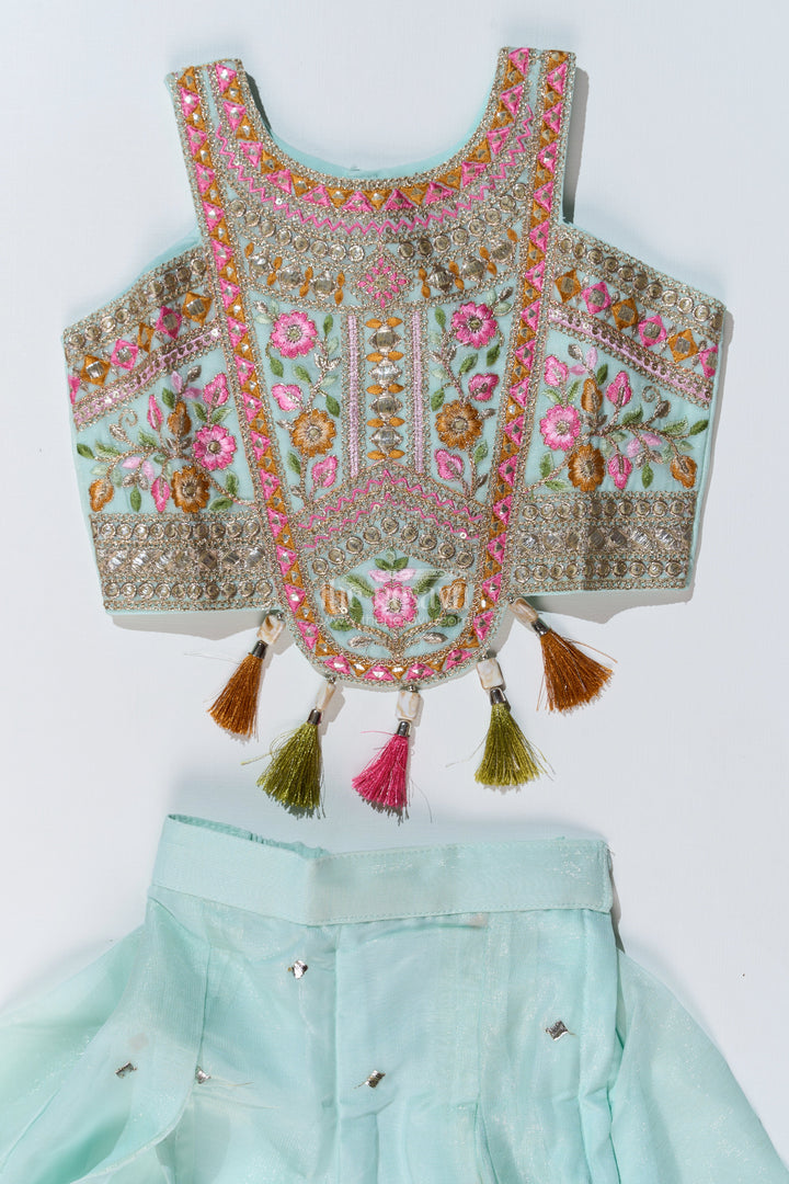The Nesavu Girls Sharara / Plazo Set Girls Embroidered Plazo Crop Top Set in Aqua Blue with Mirror and Threadwork Details Nesavu Nesavu Girls Aqua Blue Embroidered Plazo Crop Top Set Matching Dupatta