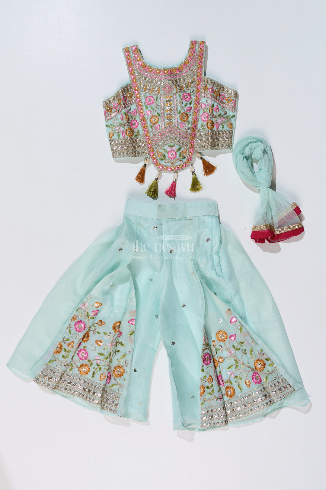 The Nesavu Girls Sharara / Plazo Set Girls Embroidered Plazo Crop Top Set in Aqua Blue with Mirror and Threadwork Details Nesavu Nesavu Girls Aqua Blue Embroidered Plazo Crop Top Set Matching Dupatta