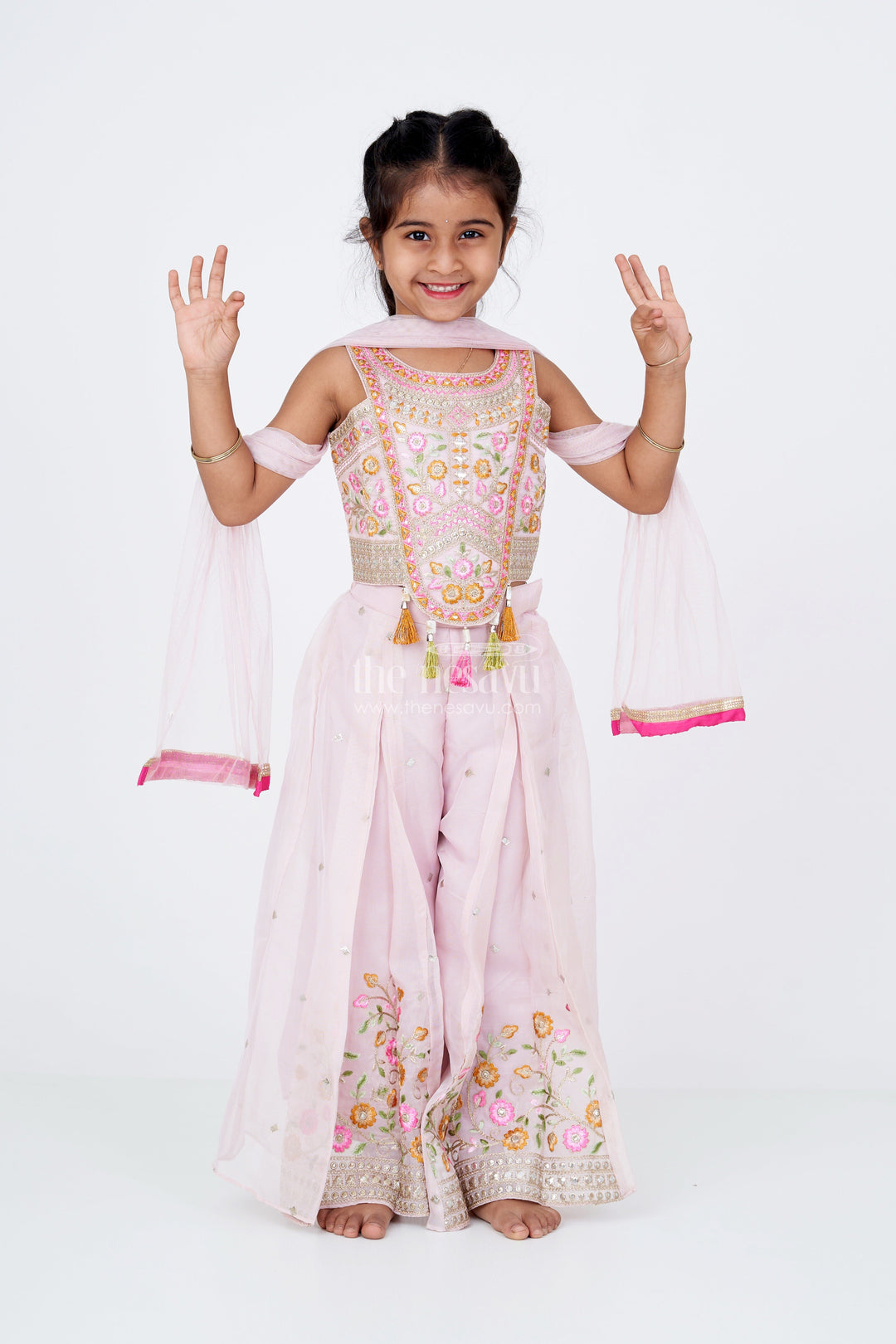 The Nesavu Girls Sharara / Plazo Set Girls Embroidered Plazo with Crop Top for Wedding in Pastel Pink with Tassel Detailing Nesavu 18 (2Y) / Pink GPS510A-18 Nesavu Girls Embroidered Wedding Plazo Set Crop Top Dupatta Pastel Pink