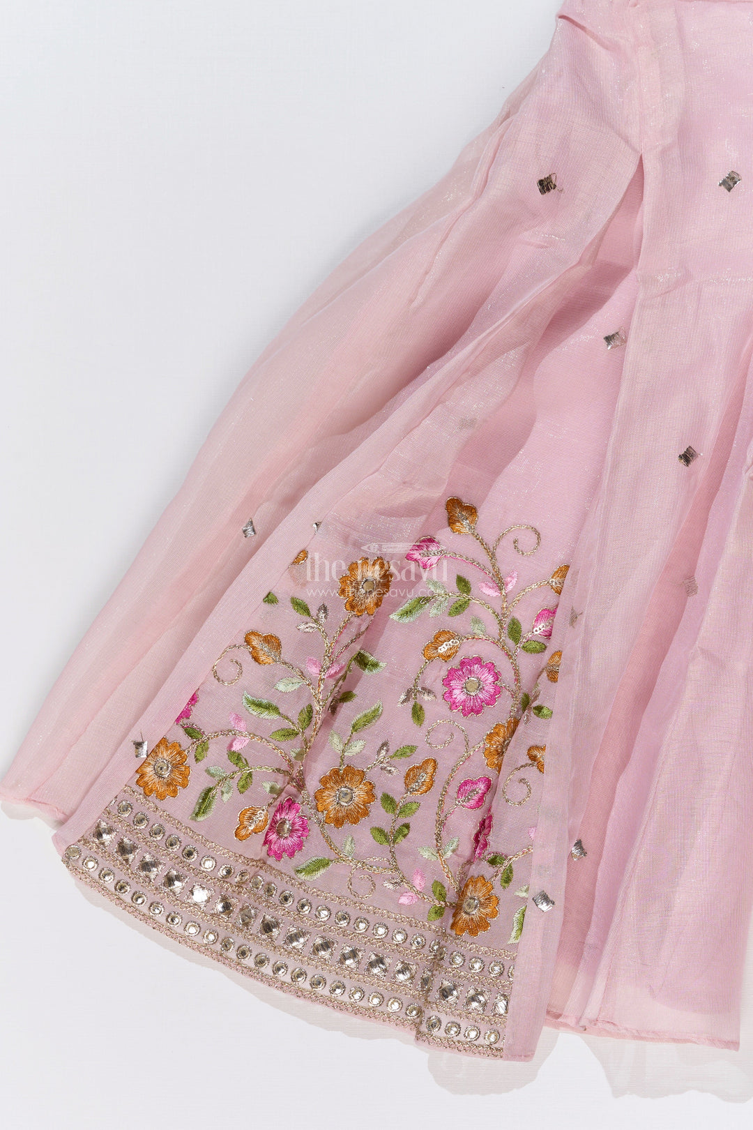 The Nesavu Girls Sharara / Plazo Set Girls Embroidered Plazo with Crop Top for Wedding in Pastel Pink with Tassel Detailing Nesavu Nesavu Girls Embroidered Wedding Plazo Set Crop Top Dupatta Pastel Pink