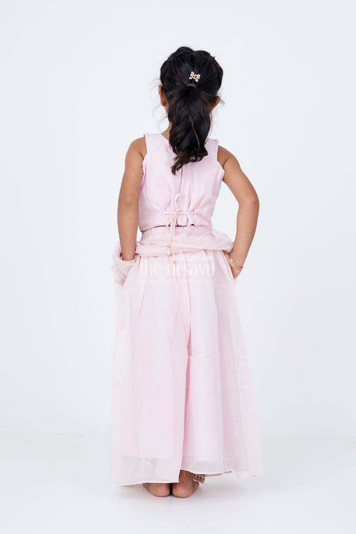 The Nesavu Girls Sharara / Plazo Set Girls Embroidered Plazo with Crop Top for Wedding in Pastel Pink with Tassel Detailing Nesavu Nesavu Girls Embroidered Wedding Plazo Set Crop Top Dupatta Pastel Pink