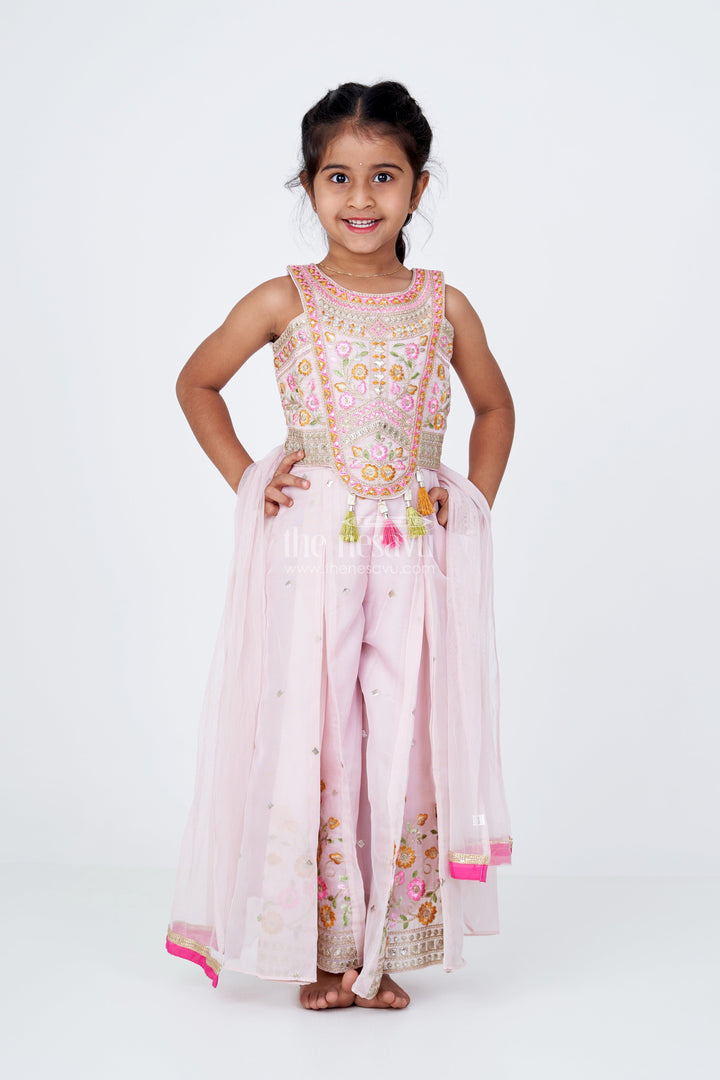 The Nesavu Girls Sharara / Plazo Set Girls Embroidered Plazo with Crop Top for Wedding in Pastel Pink with Tassel Detailing Nesavu Nesavu Girls Embroidered Wedding Plazo Set Crop Top Dupatta Pastel Pink