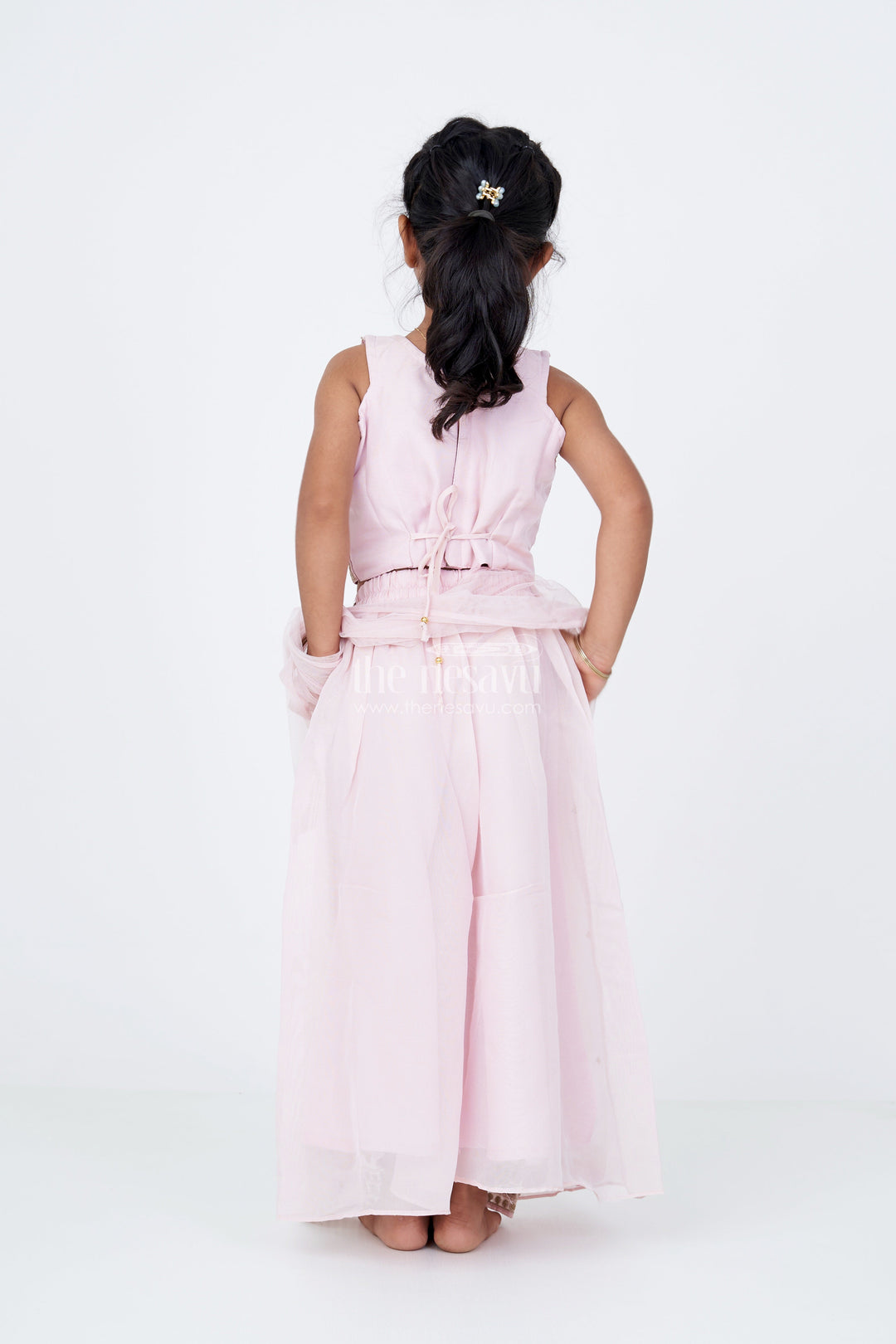 The Nesavu Girls Sharara / Plazo Set Girls Embroidered Plazo with Crop Top for Wedding in Pastel Pink with Tassel Detailing Nesavu Nesavu Girls Embroidered Wedding Plazo Set Crop Top Dupatta Pastel Pink