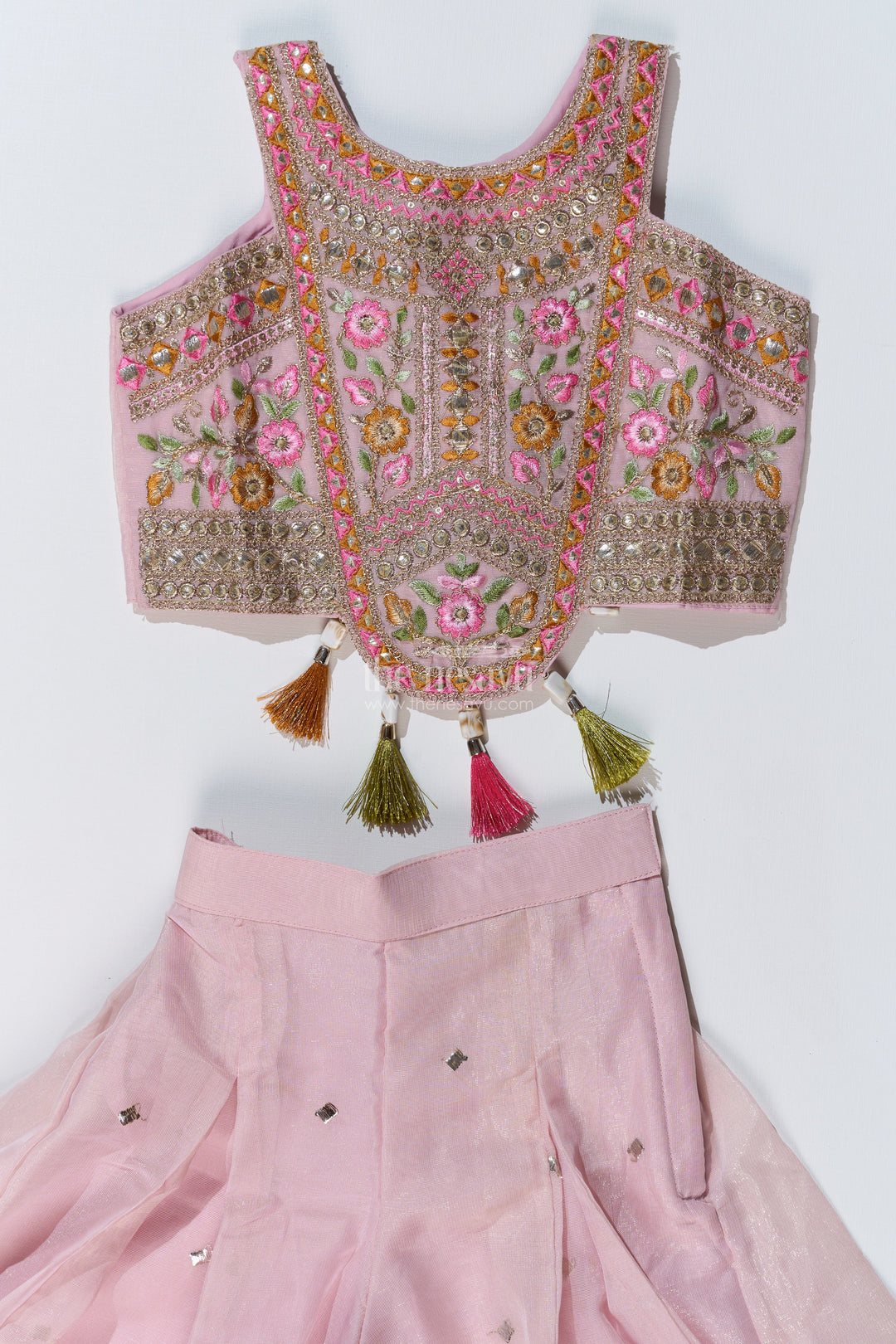 The Nesavu Girls Sharara / Plazo Set Girls Embroidered Plazo with Crop Top for Wedding in Pastel Pink with Tassel Detailing Nesavu Nesavu Girls Embroidered Wedding Plazo Set Crop Top Dupatta Pastel Pink