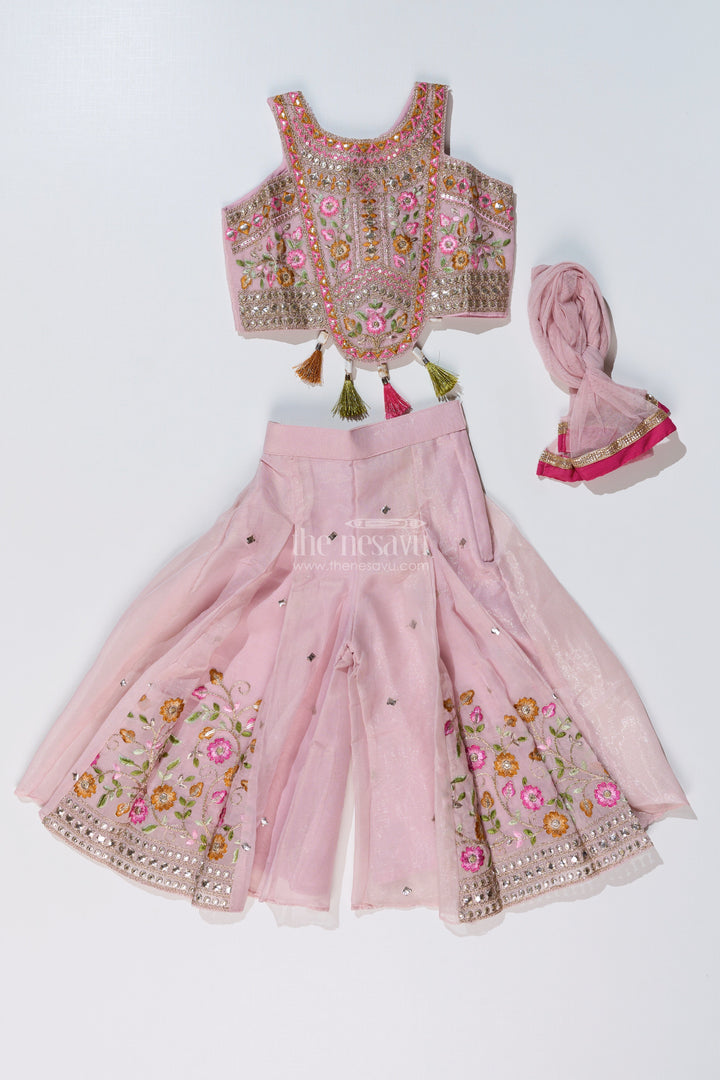 The Nesavu Girls Sharara / Plazo Set Girls Embroidered Plazo with Crop Top for Wedding in Pastel Pink with Tassel Detailing Nesavu Nesavu Girls Embroidered Wedding Plazo Set Crop Top Dupatta Pastel Pink