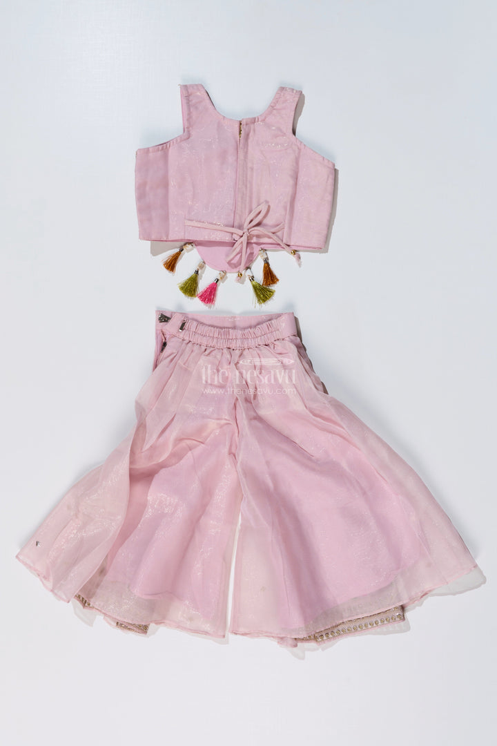 The Nesavu Girls Sharara / Plazo Set Girls Embroidered Plazo with Crop Top for Wedding in Pastel Pink with Tassel Detailing Nesavu Nesavu Girls Embroidered Wedding Plazo Set Crop Top Dupatta Pastel Pink