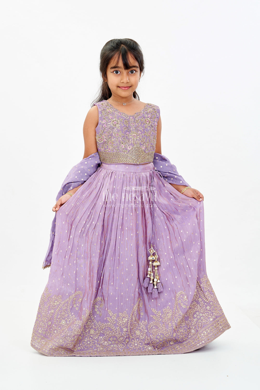 The Nesavu Girls Lehenga Choli Girls Embroidered Purple Lehenga with Floral Threadwork and Golden Border Detailing Nesavu 24 (5Y) / Maroon GL568A-24 Girls Embroidered Purple Wedding Lehenga Gold Border Designer Dupatta | The Nesavu