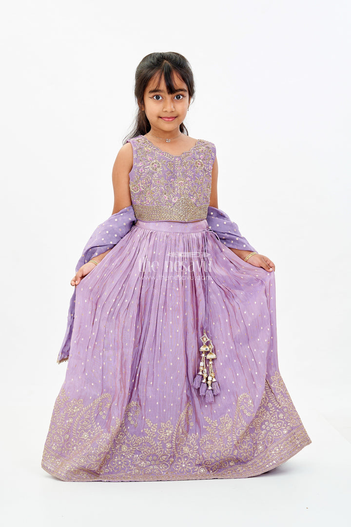 The Nesavu Girls Lehenga Choli Girls Embroidered Purple Lehenga with Floral Threadwork and Golden Border Detailing Nesavu 24 (5Y) / Maroon GL568A-24 Nesavu Girls Embroidered Purple Wedding Lehenga Gold Border Designer Dupatta