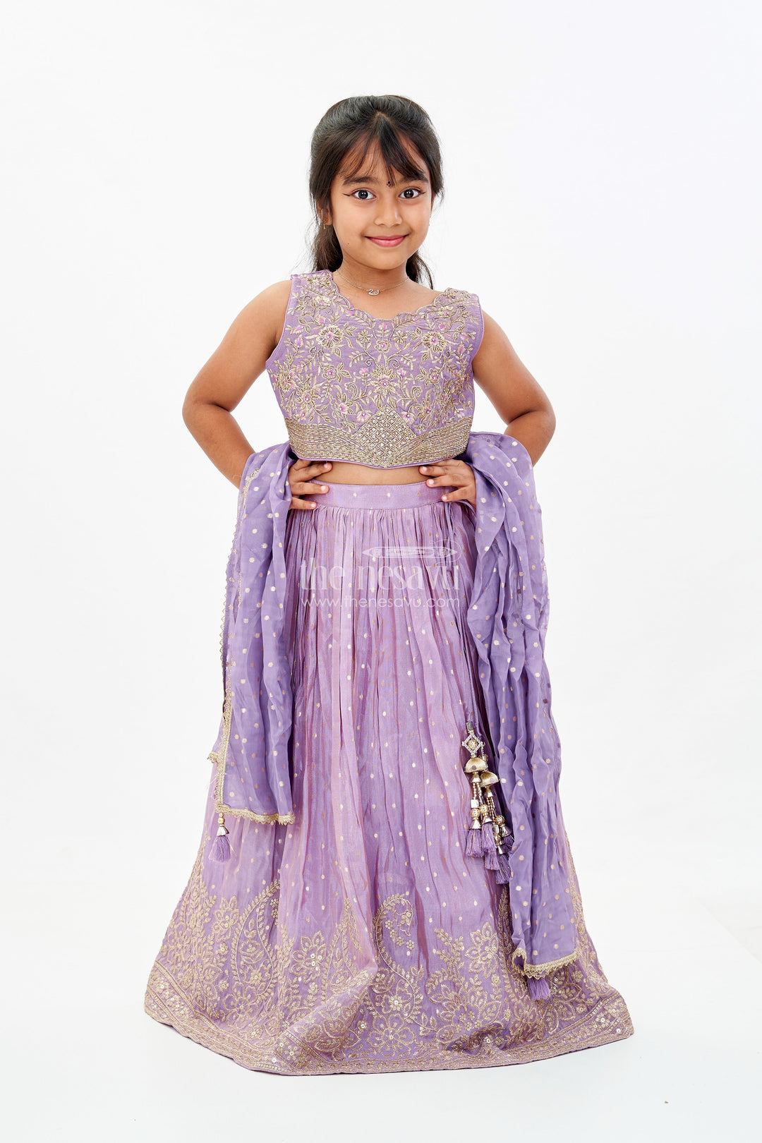 The Nesavu Girls Lehenga Choli Girls Embroidered Purple Lehenga with Floral Threadwork and Golden Border Detailing Nesavu Nesavu Girls Embroidered Purple Wedding Lehenga Gold Border Designer Dupatta