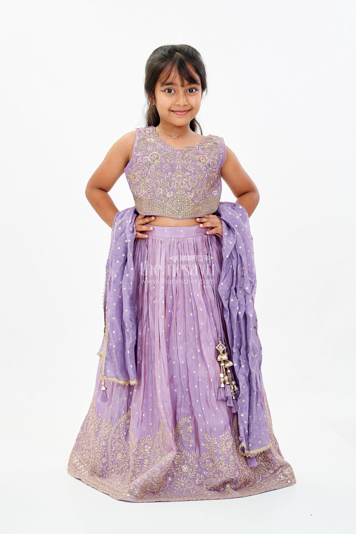 The Nesavu Girls Lehenga Choli Girls Embroidered Purple Lehenga with Floral Threadwork and Golden Border Detailing Nesavu Nesavu Girls Embroidered Purple Wedding Lehenga Gold Border Designer Dupatta
