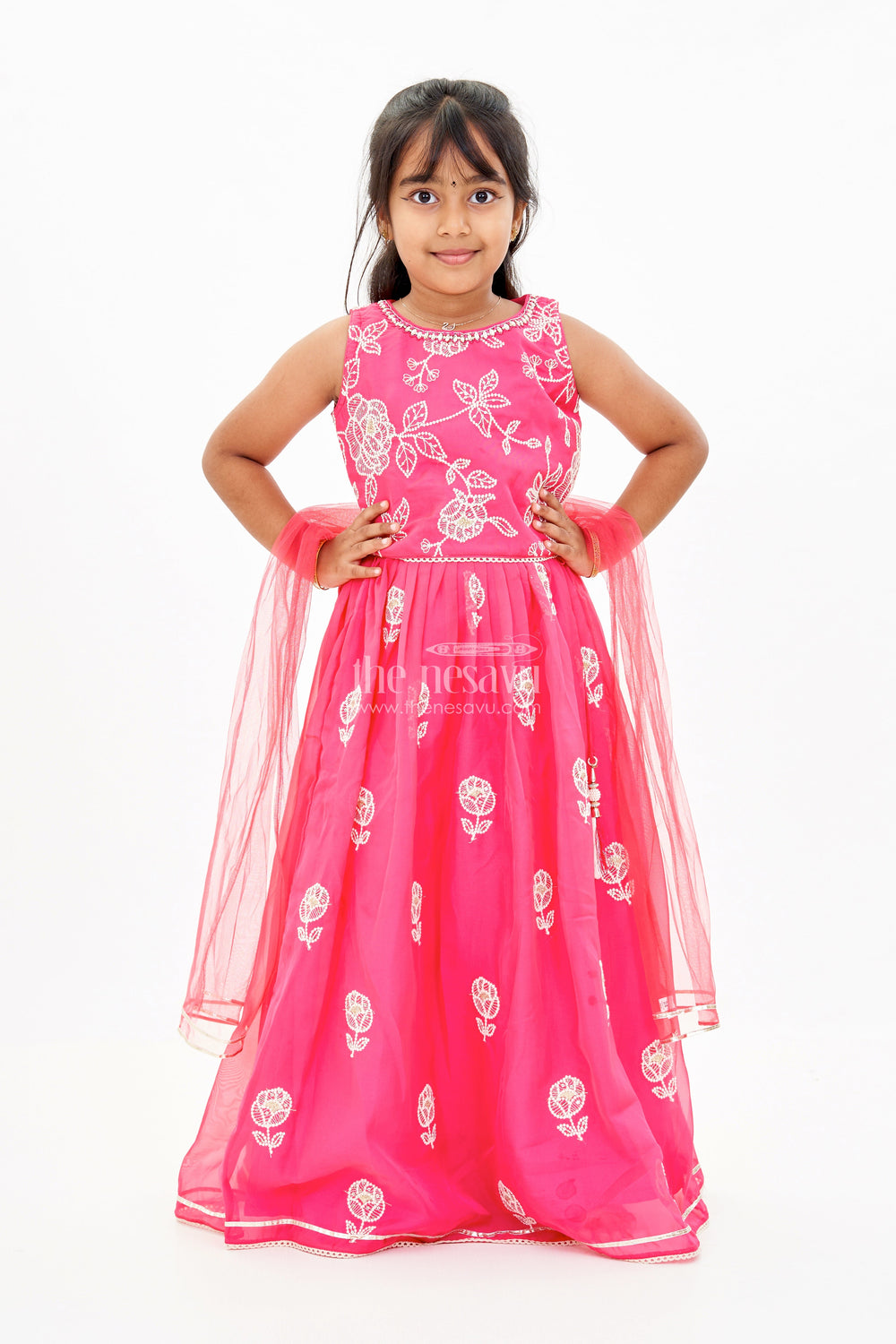 The Nesavu Girls Lehenga Choli Girls Embroidered Sharara Lehenga Choli in Red with Floral Gold Threadwork Nesavu Nesavu Girls Embroidered Red Sharara Lehenga Choli Gold Mirror Work