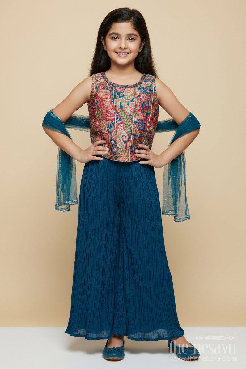 The Nesavu Girls Sharara / Plazo Set Girls Embroidered Sharara Set for School Ethnic Day and Traditional Events Nesavu 22 (4Y) / Blue GPS698A-22 Nesavu girls georgette sharara set embroidery school ethnic day festive dressing