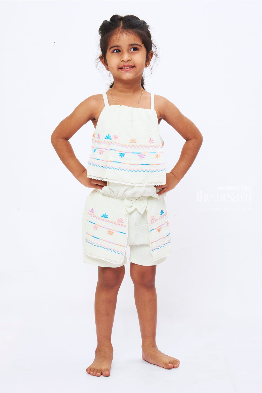 The Nesavu Baby Casual Sets Girls' Embroidered White Top and Shorts Set - Playful Lace Trim Detailing Nesavu 18 (2Y) / Half white BFJ511B-18 Embroidered White Summer Set for Girls | Playwear with Lace Trims | The Nesavu