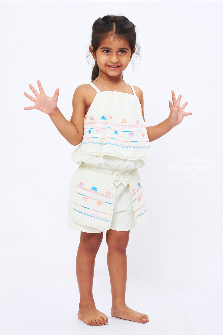 The Nesavu Baby Casual Sets Girls' Embroidered White Top and Shorts Set - Playful Lace Trim Detailing Nesavu Embroidered White Summer Set for Girls | Playwear with Lace Trims | The Nesavu