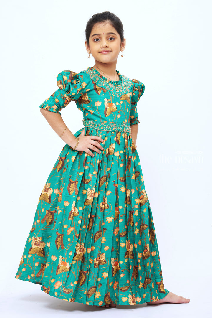 The Nesavu Girls Party Gown Girls  Emerald Green Floral Printed Anarkali Gown with Traditional Motifs Nesavu Traditional Emerald Green Anarkali Gown for Girls with Floral Print | The Nesavu