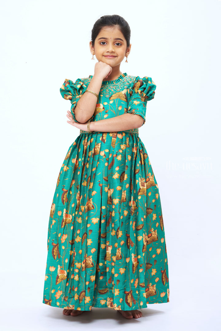 The Nesavu Girls Party Gown Girls  Emerald Green Floral Printed Anarkali Gown with Traditional Motifs Nesavu Traditional Emerald Green Anarkali Gown for Girls with Floral Print | The Nesavu