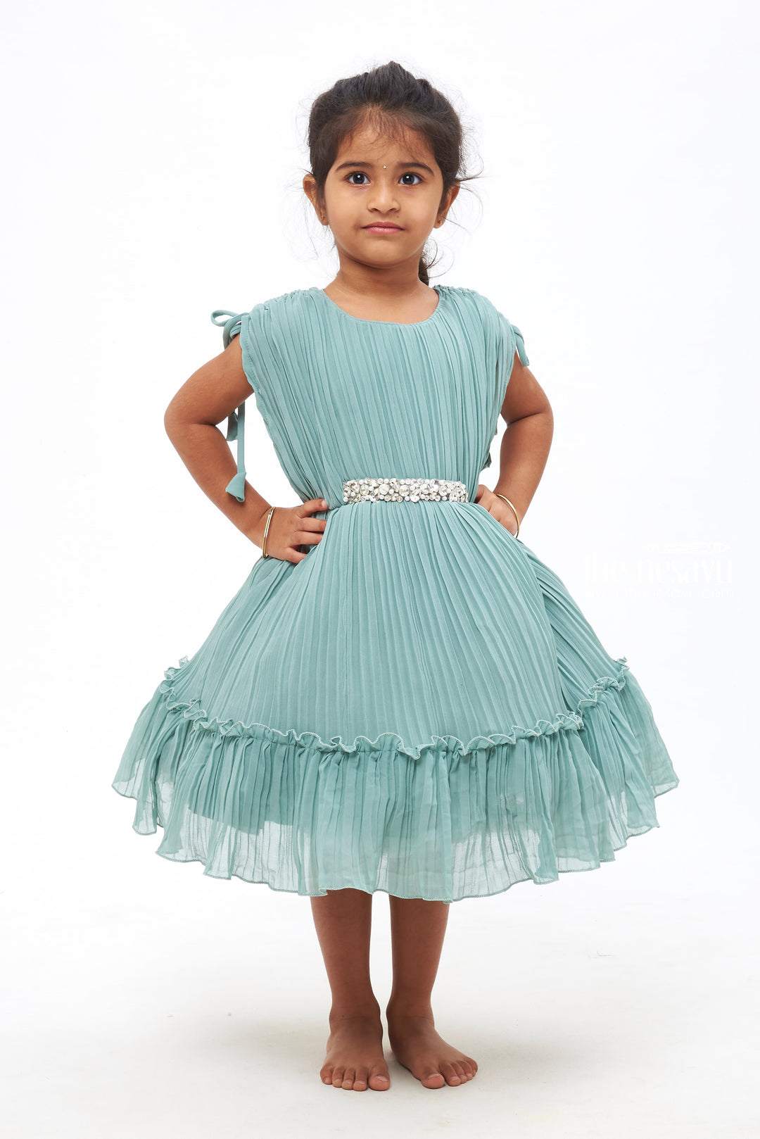 The Nesavu Girls Fancy Party Frock Girls Emerald Green Pleated Georgette Party Dress with Contemporary Poncho Sleeves Nesavu 16 (1Y) / Green / Pleated Georgette PF159C-16 Princess-Inspired Girls Party Dresses | Sparkle and Shine | The Nesavu