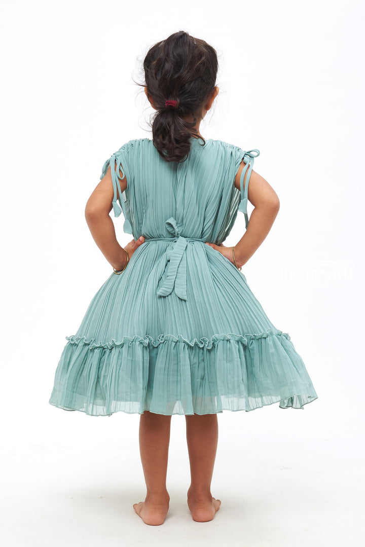 The Nesavu Girls Fancy Party Frock Girls Emerald Green Pleated Georgette Party Dress with Contemporary Poncho Sleeves Nesavu Princess-Inspired Girls Party Dresses | Sparkle and Shine | The Nesavu