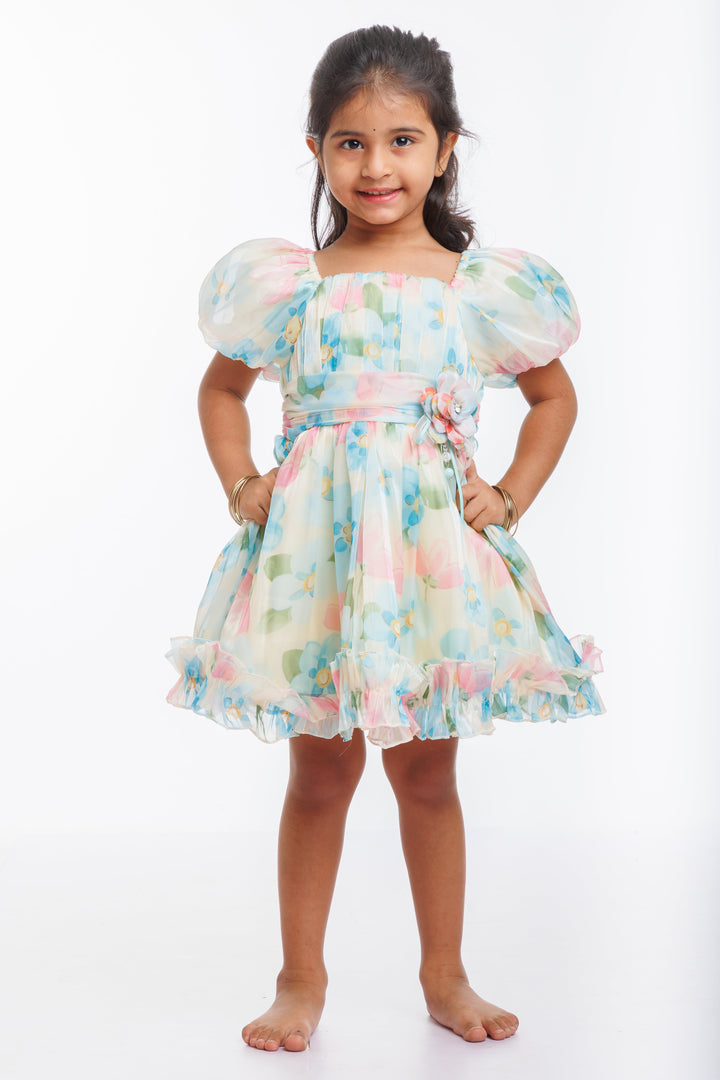 The Nesavu Girls Fancy Party Frock Girls Enchanted Blossom Organza Party Frock - Whimsical Floral Elegance Nesavu 14 (6M) / Yellow / Organza PF175A-14 Whimsical Floral Organza Frock for Girls | Perfect Party Wear | The Nesavu