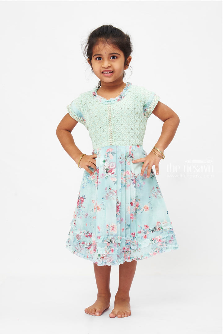 The Nesavu Girls Fancy Frock Girls Enchanted Garden Floral Frock with Lace Detailing Nesavu 22 (4Y) / Green / Poly Crepe GFC1180A-22 Printed Frocks for Girls | Girls' Designer Dresses | Trendy Kids' Fashion | The Nesavu