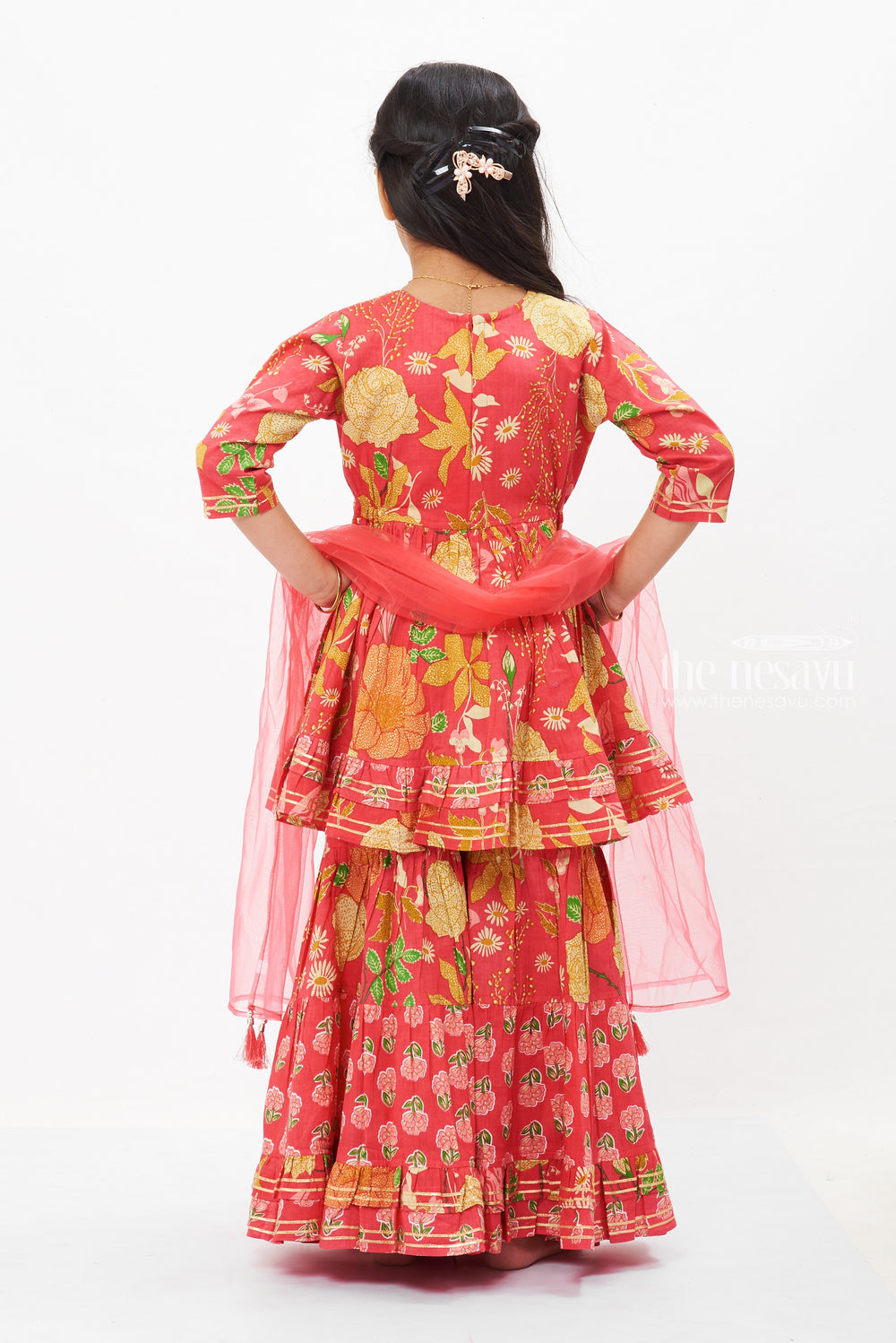 The Nesavu Girls Sharara / Plazo Set Girls Enchanted Pink Floral Sharara Set - Elegance for Eid, Diwali & Beyond Nesavu Shop Enchanted Pink Floral Sharara for Girls | Ideal for Festive & Wedding Occasions | The Nesavu