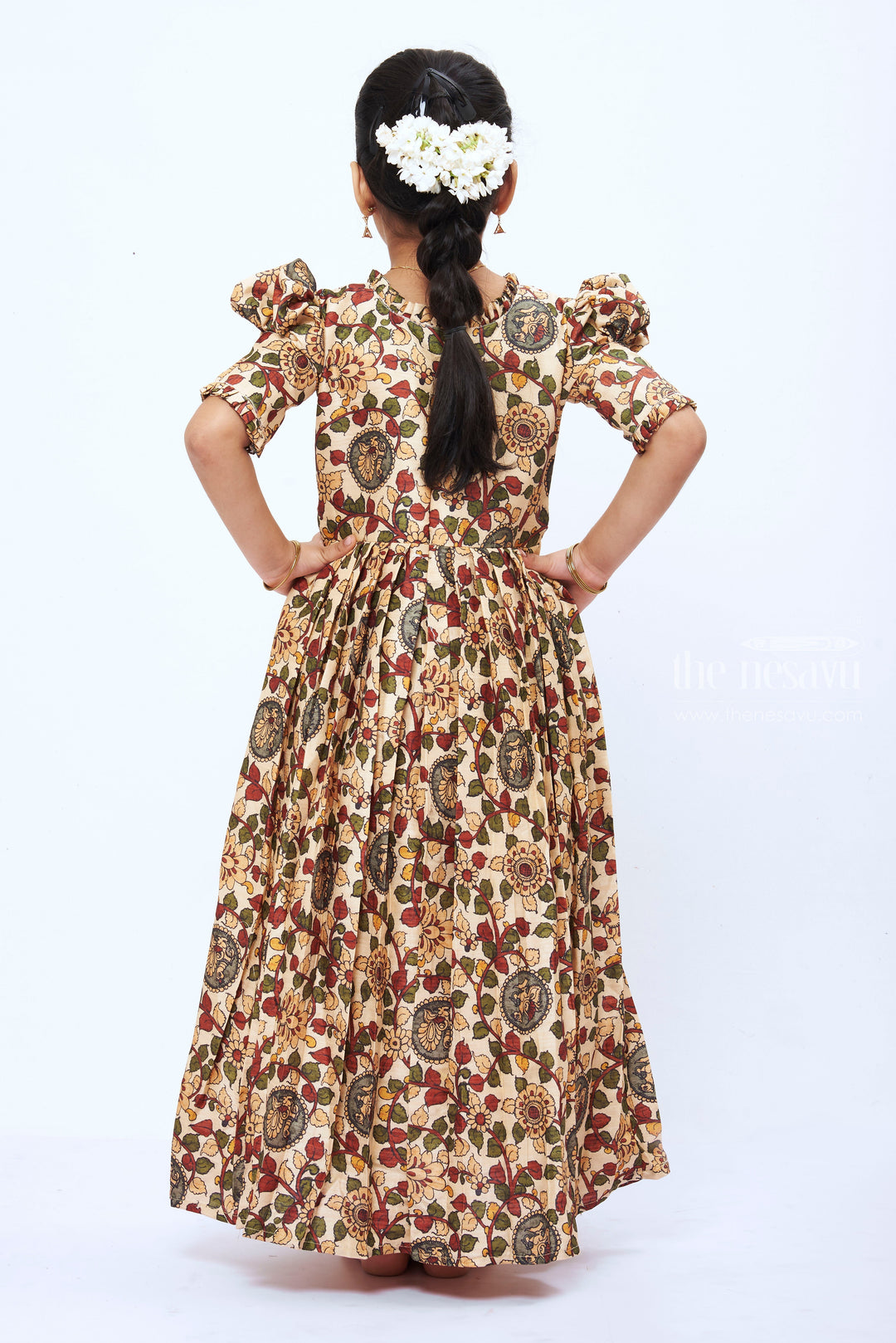 The Nesavu Girls Party Gown Girls Enchanting Floral Kalamkari Anarkali Gown with Elegant Embroidery Nesavu Traditional Floral Kalamkari Anarkali Gown for Girls | The Nesavu