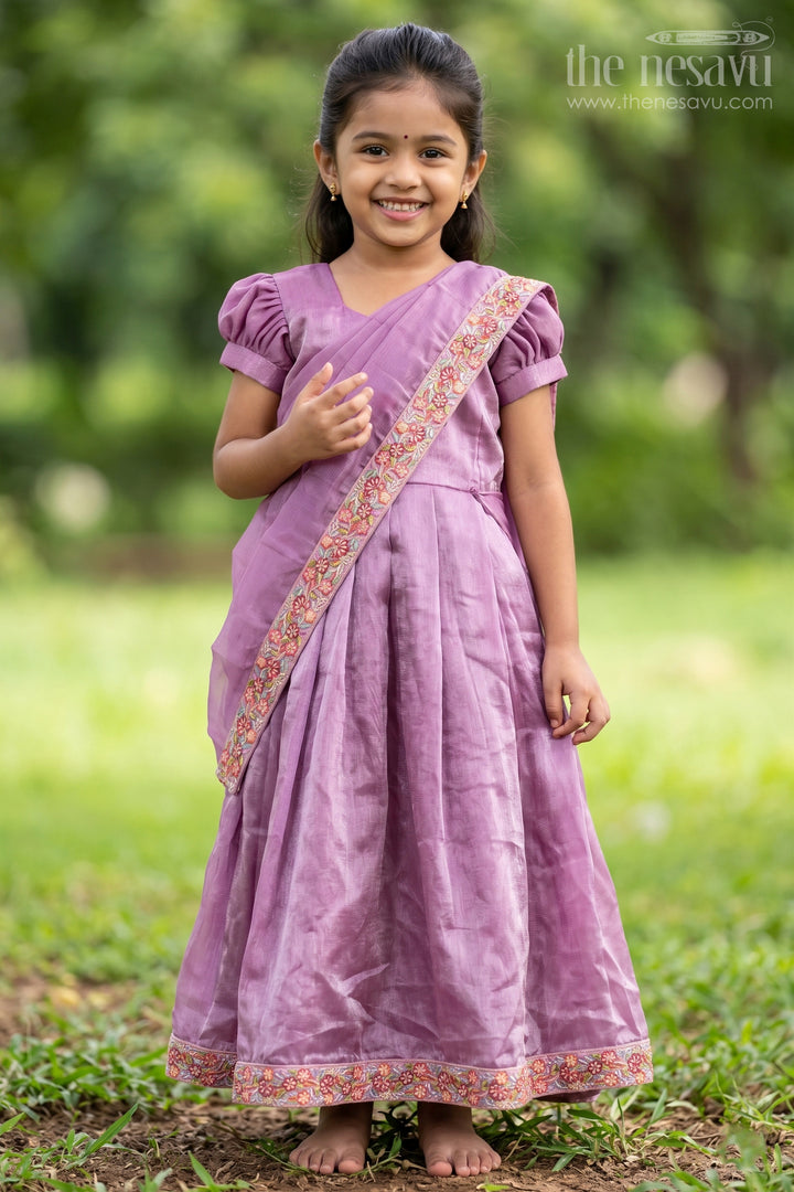 The Nesavu Girls Party Gown Girls Engagement Gowns in Lavender Organza with Embroidered Lace and Floral Hem Dupatta Nesavu 20 (3Y) / Purple GA310E-20 Lavender Engagement Gowns for Girls in Organza with Embroidered Floral Dupatta and Pleats | The Nesavu