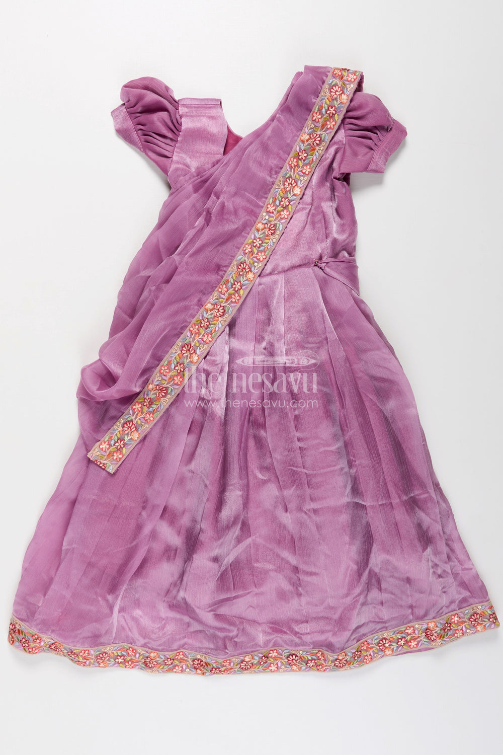 The Nesavu Girls Party Gown Girls Engagement Gowns in Lavender Organza with Embroidered Lace and Floral Hem Dupatta Nesavu Lavender Engagement Gowns for Girls in Organza with Embroidered Floral Dupatta and Pleats | The Nesavu