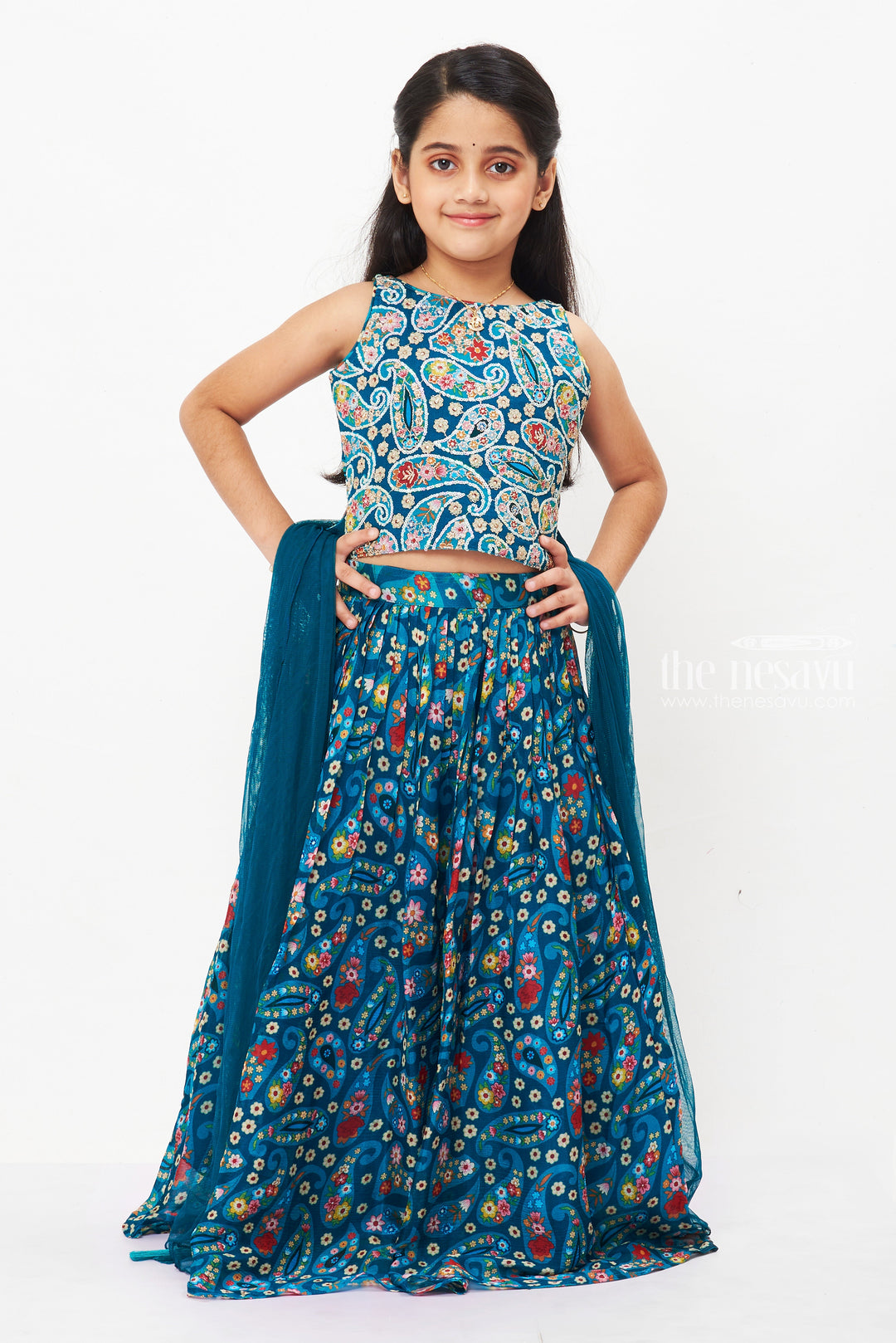 The Nesavu Girls Lehenga Choli Girls Ethereal Chaniya Choli Set with Sheer Dupatta - Splendor of Celebration Nesavu 24 (5Y) / Green GL424A-24 Girls Lachcha Set with Dupatta for Festivities | Elegant Ethnic Attire | The Nesavu