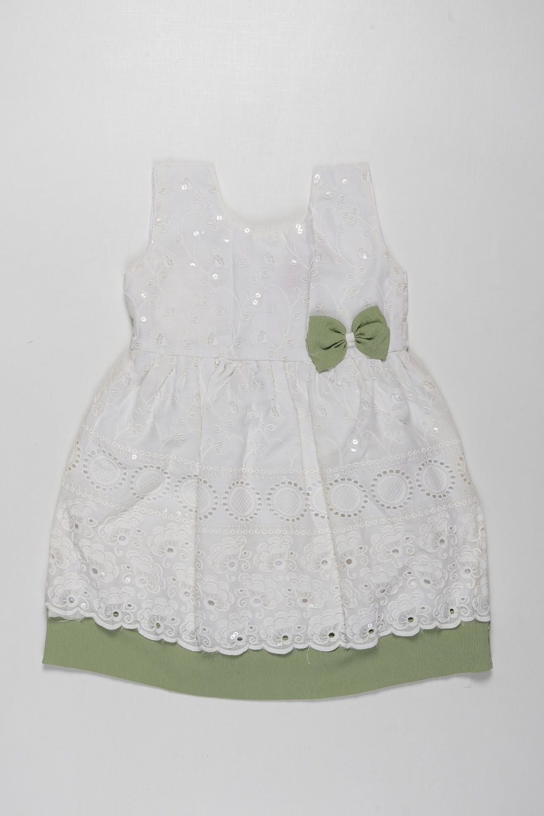 The Nesavu Girls Cotton Frock Girls Ethereal Chikan Embroidered Cotton Frock with Delicate Lace Trim Nesavu 20 (3Y) / Green / Cotton GFC1284A-20 Chikan Embroidered Cotton Frocks for Girls | Timeless Elegance | The Nesavu