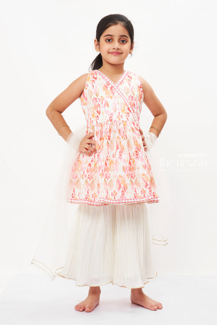 The Nesavu Girls Sharara / Plazo Set Girls Ethereal Peach Gharara and Kurti Set - Summer Festive Elegance Nesavu 16 (1Y) / White / Chanderi GPS283A-16 Buy Girls Summer-Ready Peach Gharara Kurti Set | Perfect for Festive Fun | The Nesavu