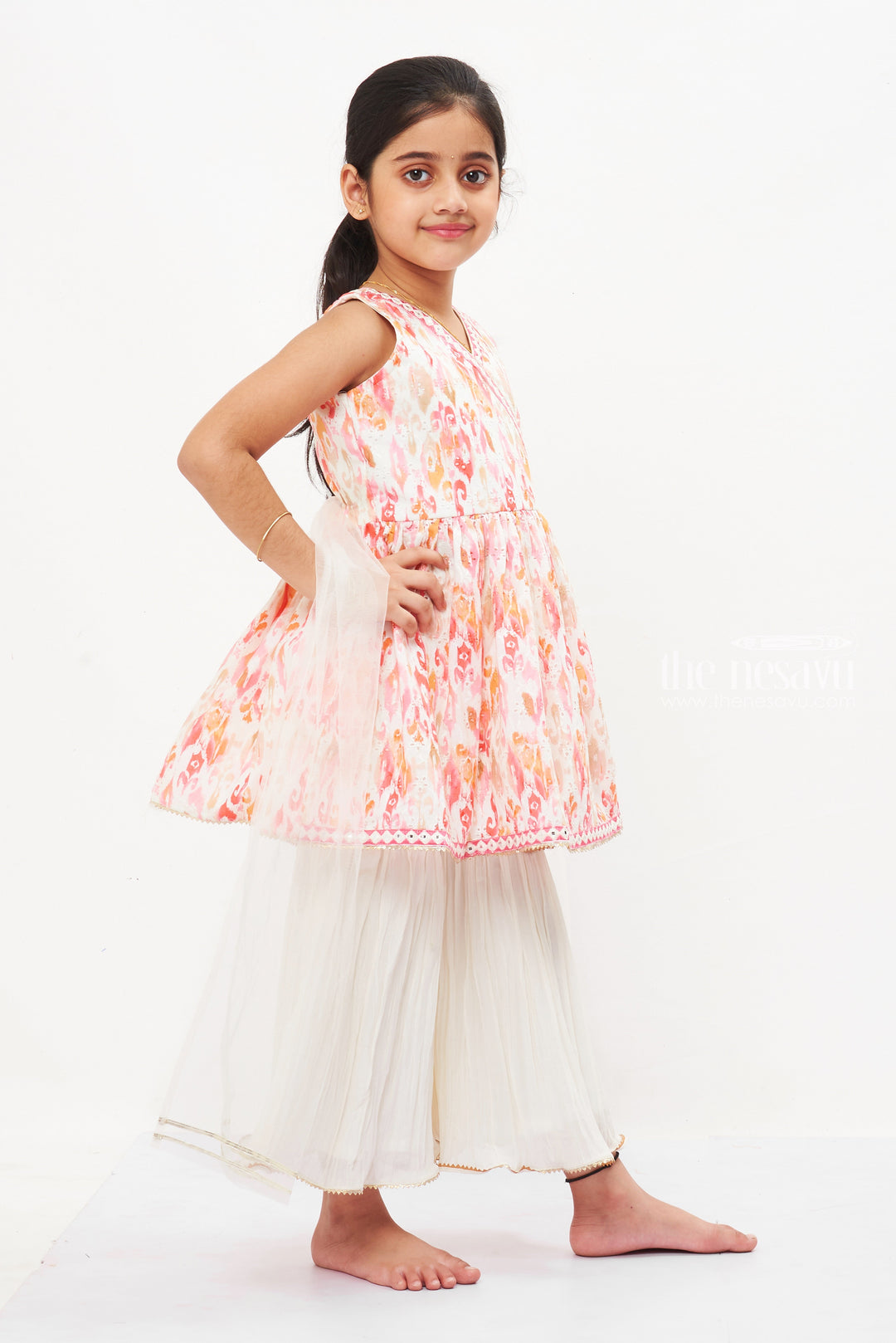 The Nesavu Girls Sharara / Plazo Set Girls Ethereal Peach Gharara and Kurti Set - Summer Festive Elegance Nesavu Buy Girls Summer-Ready Peach Gharara Kurti Set | Perfect for Festive Fun | The Nesavu