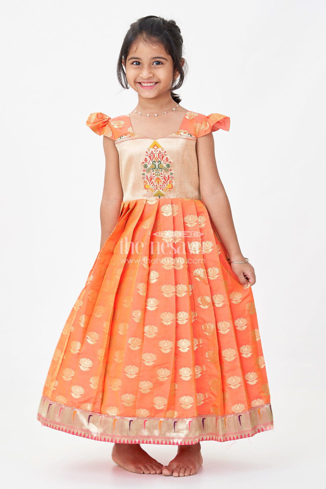 The Nesavu Girls Silk Gown Girls Ethnic Anarkali Gown in Pink Semi Banaras Silk with Paithani Yoke and Festive Flare Nesavu 18 (2Y) / Pink / Style 1 GA322AA-18 Nesavu Girls Ethnic Anarkali Gown in Pink Banaras Silk with Paithani Embroidered Yoke and Golden Motifs