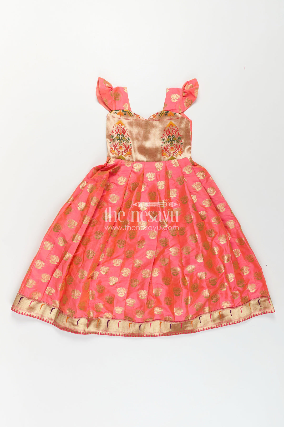The Nesavu Girls Silk Gown Girls Ethnic Anarkali Gown in Pink Semi Banaras Silk with Paithani Yoke and Festive Flare Nesavu 24 (5Y) / Pink / Style 2 GA322AB-24 Nesavu Girls Ethnic Anarkali Gown in Pink Banaras Silk with Paithani Embroidered Yoke and Golden Motifs