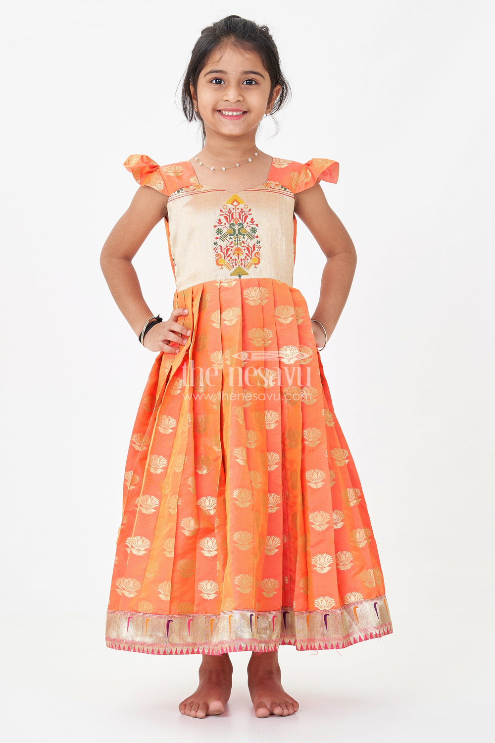 The Nesavu Girls Silk Gown Girls Ethnic Anarkali Gown in Pink Semi Banaras Silk with Paithani Yoke and Festive Flare Nesavu Nesavu Girls Ethnic Anarkali Gown in Pink Banaras Silk with Paithani Embroidered Yoke and Golden Motifs