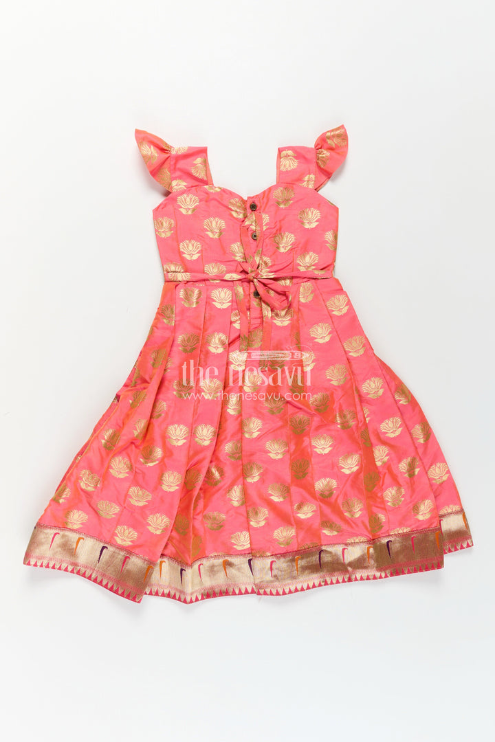 The Nesavu Girls Silk Gown Girls Ethnic Anarkali Gown in Pink Semi Banaras Silk with Paithani Yoke and Festive Flare Nesavu Nesavu Girls Ethnic Anarkali Gown in Pink Banaras Silk with Paithani Embroidered Yoke and Golden Motifs