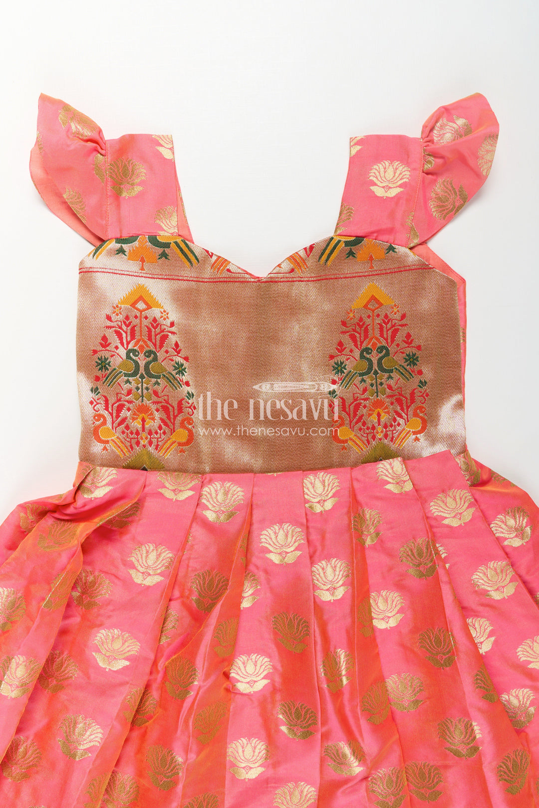The Nesavu Girls Silk Gown Girls Ethnic Anarkali Gown in Pink Semi Banaras Silk with Paithani Yoke and Festive Flare Nesavu Nesavu Girls Ethnic Anarkali Gown in Pink Banaras Silk with Paithani Embroidered Yoke and Golden Motifs