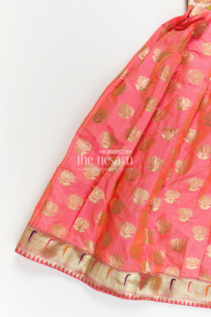 The Nesavu Girls Silk Gown Girls Ethnic Anarkali Gown in Pink Semi Banaras Silk with Paithani Yoke and Festive Flare Nesavu Nesavu Girls Ethnic Anarkali Gown in Pink Banaras Silk with Paithani Embroidered Yoke and Golden Motifs