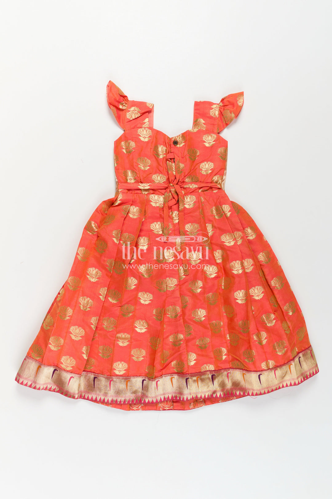 The Nesavu Girls Silk Gown Girls Ethnic Anarkali Gown in Pink Semi Banaras Silk with Paithani Yoke and Festive Flare Nesavu Nesavu Girls Ethnic Anarkali Gown in Pink Banaras Silk with Paithani Embroidered Yoke and Golden Motifs
