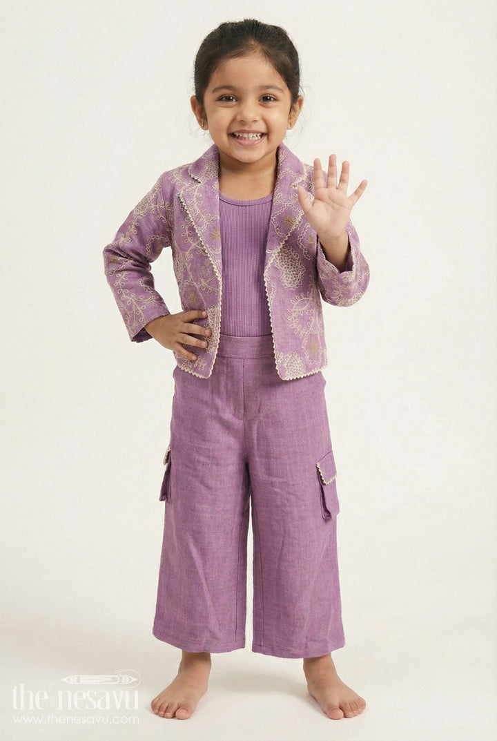 The Nesavu Girls Co-Ord Sets Girls Ethnic Co-Ord Set with Embroidered Jacket for Celebrations and School Events Nesavu 24 (5Y) / Purple GPS643B-24 Nesavu girls rayon co-ord set thread embroidery school ethnic day festive gatherings