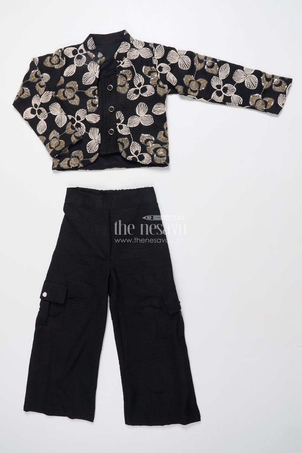 The Nesavu Girls Co-Ord Sets Girls Ethnic Co-Ord Set with Floral Embroidery Perfect for Modern Festive Looks Nesavu 24 (5Y) / Black GPS638A-24 Nesavu girls ethnic co-ord set jacket floral embroidery ideal festive modern occasions