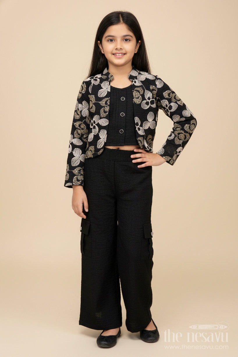 The Nesavu Girls Co-Ord Sets Girls Ethnic Co-Ord Set with Floral Embroidery Perfect for Modern Festive Looks Nesavu 24 (5Y) / Black GPS638A-24 Nesavu girls ethnic co-ord set jacket floral embroidery ideal festive modern occasions
